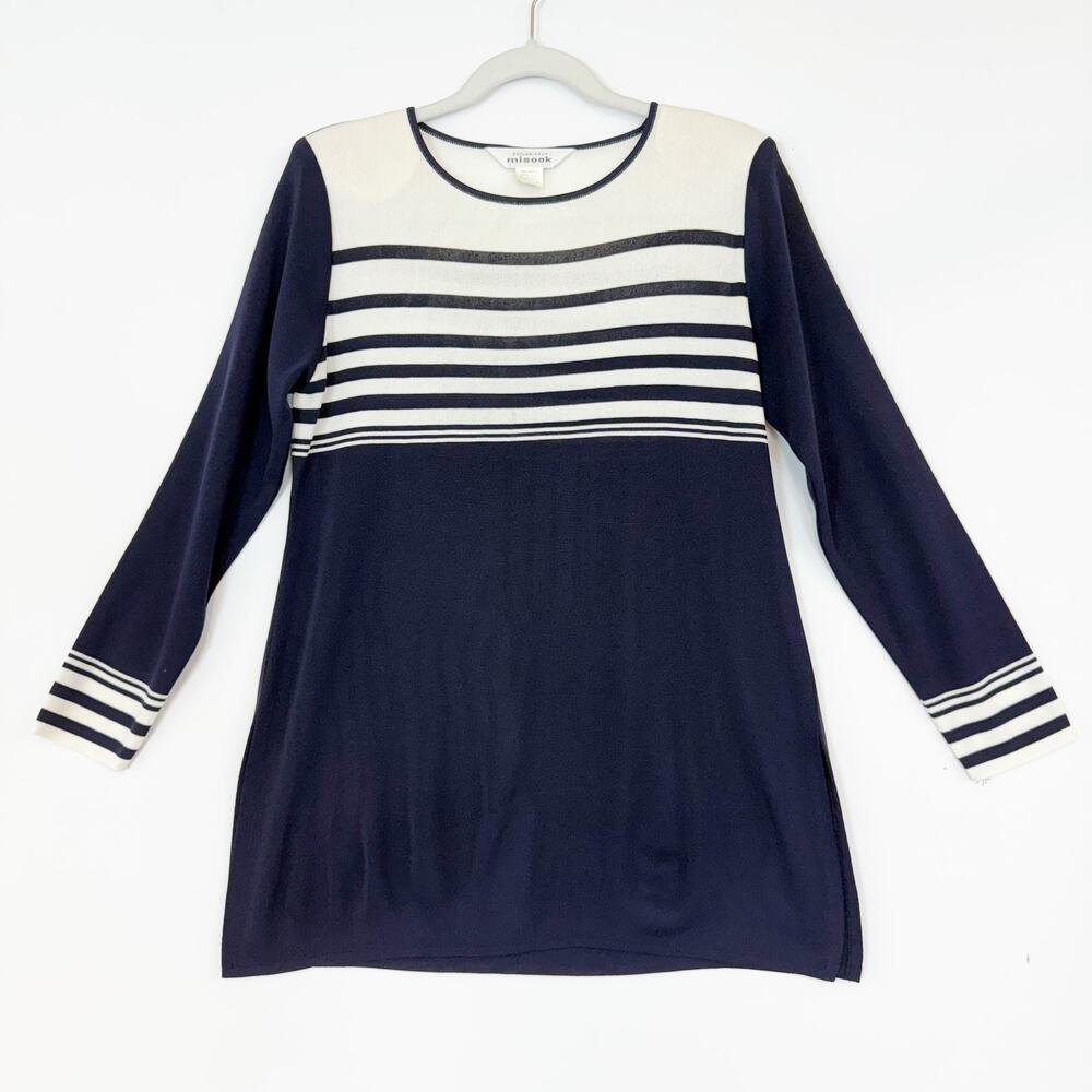 Exclusively Misook Long Sleeve Knit Top Lightweight Sweater Navy & Cream Small